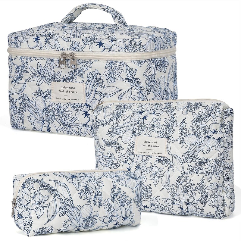 honitty Makeup Bag,Quilted Cosmetic Bags,Large Floral Make Up Organize bag,Makeup Bag Set for Women,Flower Travel Toiletry Bag - Image 1